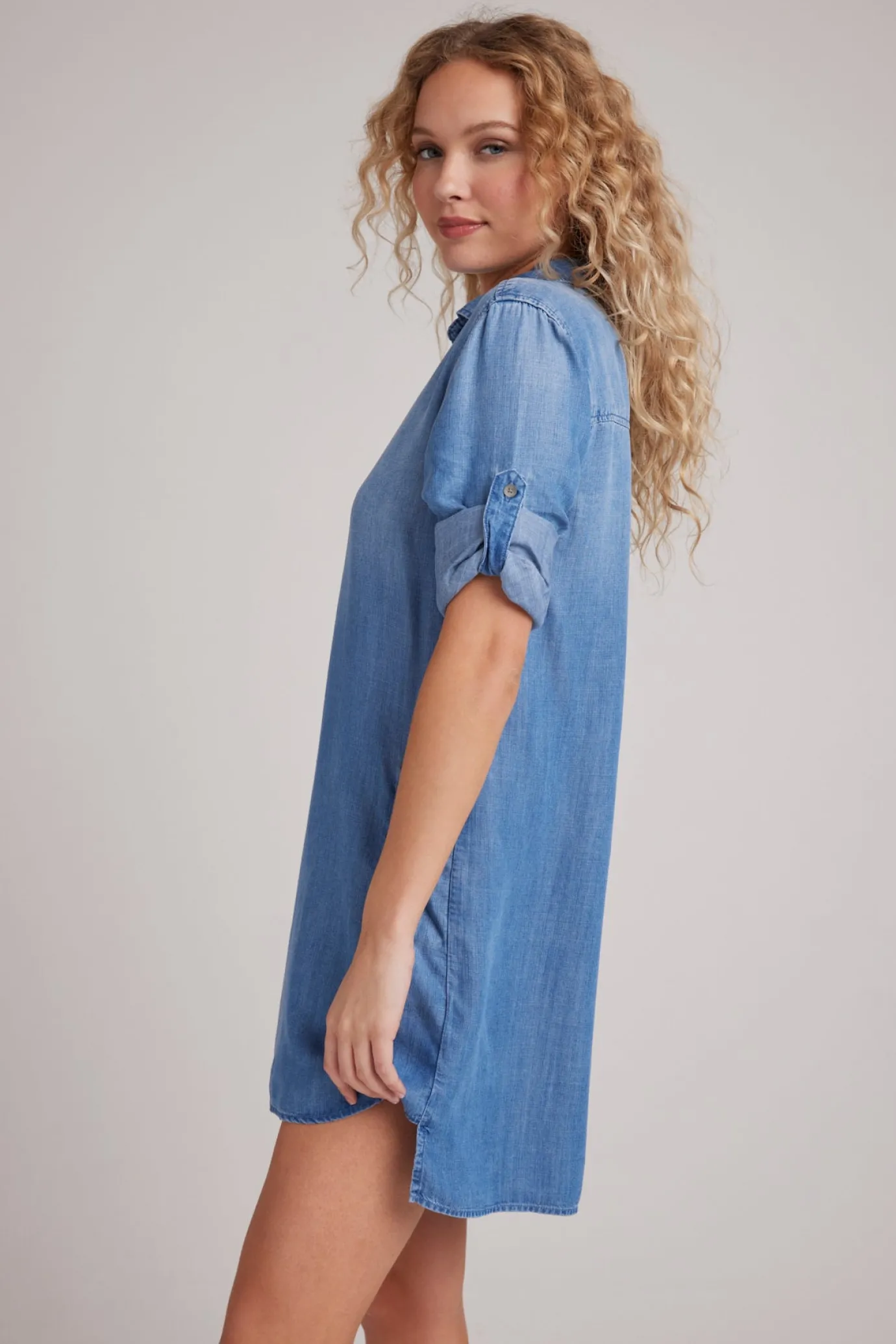 Bella Dahl A-Line Rolled Tab Sleeve Dress - Medium Ombre Wash- Short Dresses