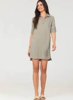 Bella Dahl A-Line Rolled Tab Sleeve Dress - Soft Army- Essentials Dresses