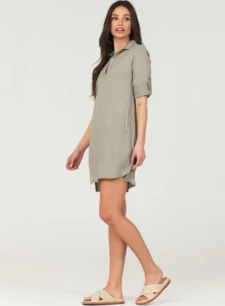 Bella Dahl A-Line Rolled Tab Sleeve Dress - Soft Army- Essentials Dresses