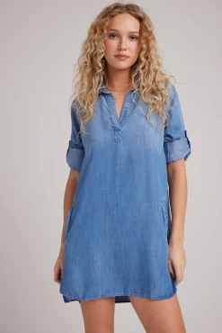 Bella Dahl A-Line Rolled Tab Sleeve Dress - Medium Ombre Wash- Essentials Dresses