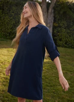 Bella Dahl A-Line Rolled Tab Sleeve Dress - Endless Sea- Short Dresses