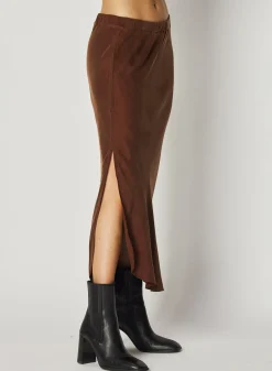 Bella Dahl Asymmetric Side Slit Bias Skirt - Mahogany Brown- Skirts