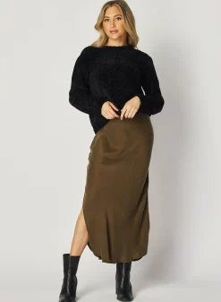 Bella Dahl Asymmetric Side Slit Bias Skirt - Autumn Olive- Skirts