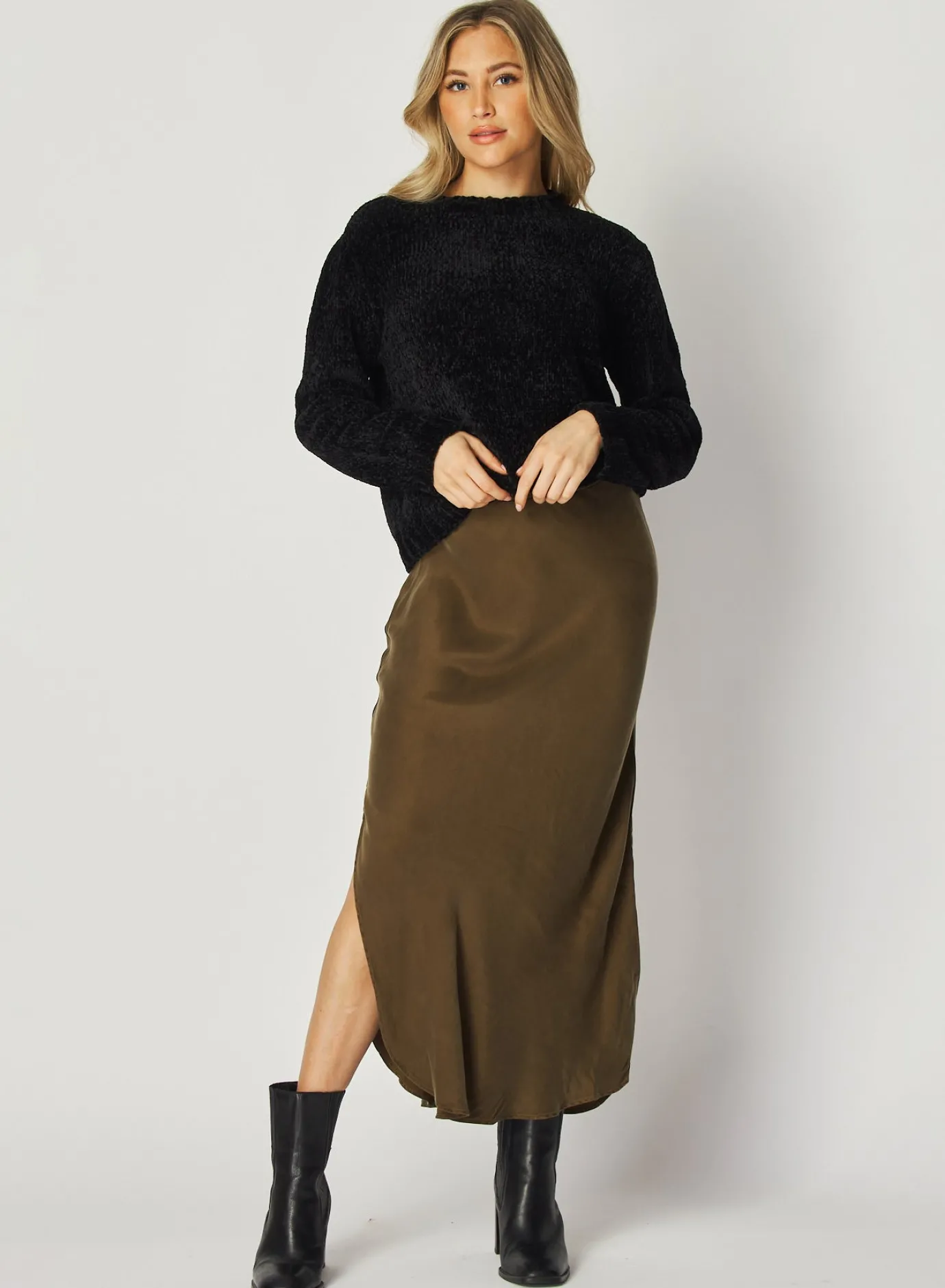 Bella Dahl Asymmetric Side Slit Bias Skirt - Autumn Olive- Skirts