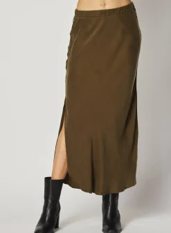 Bella Dahl Asymmetric Side Slit Bias Skirt - Autumn Olive- Skirts