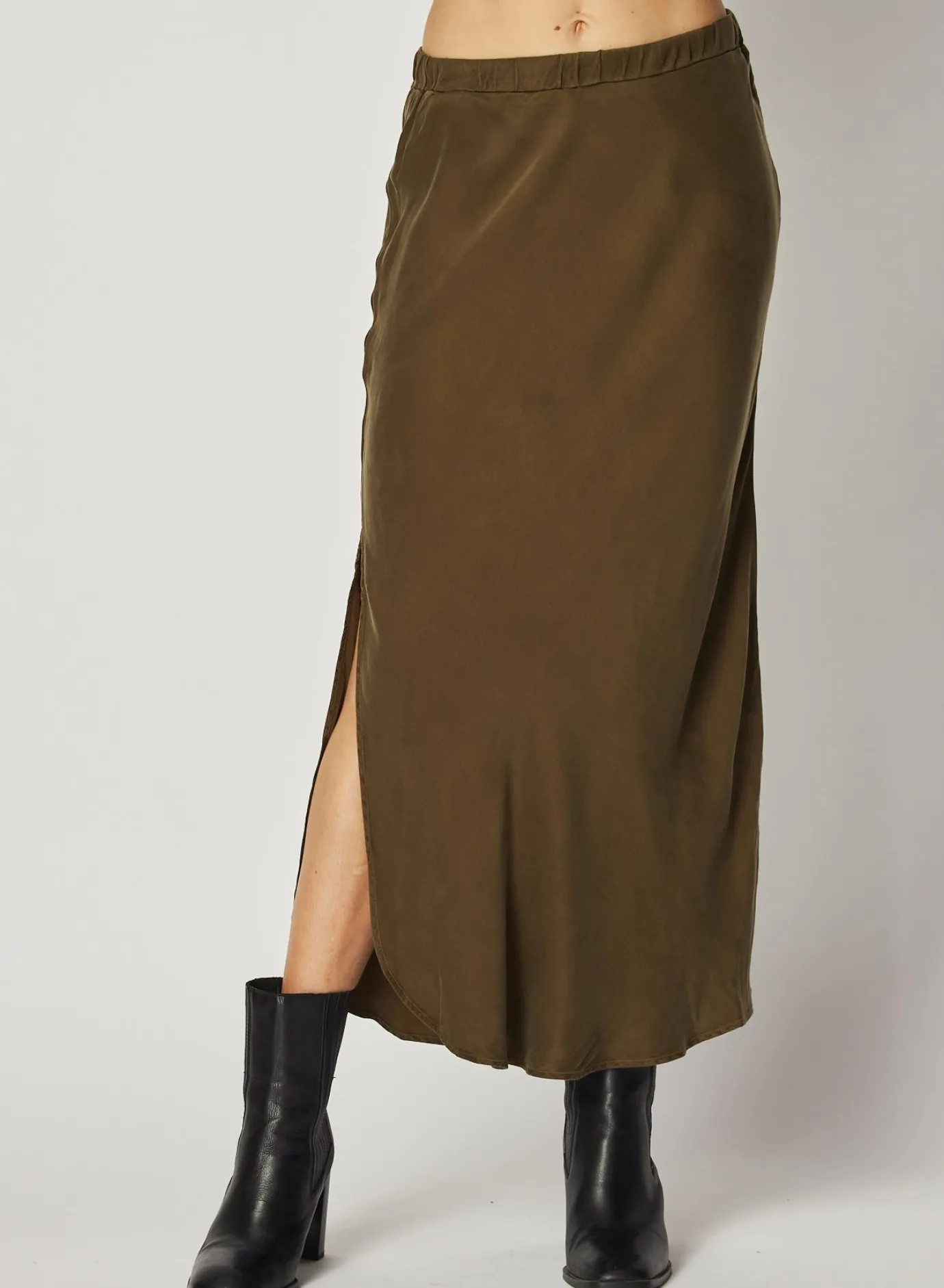 Bella Dahl Asymmetric Side Slit Bias Skirt - Autumn Olive- Skirts