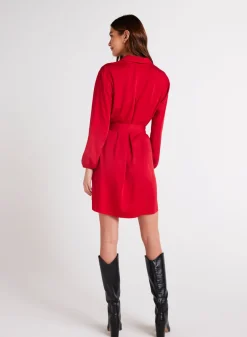 Bella Dahl Belted Pullover Shirt Dress - Cherry Red- Short Dresses