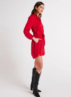 Bella Dahl Belted Pullover Shirt Dress - Cherry Red- Short Dresses