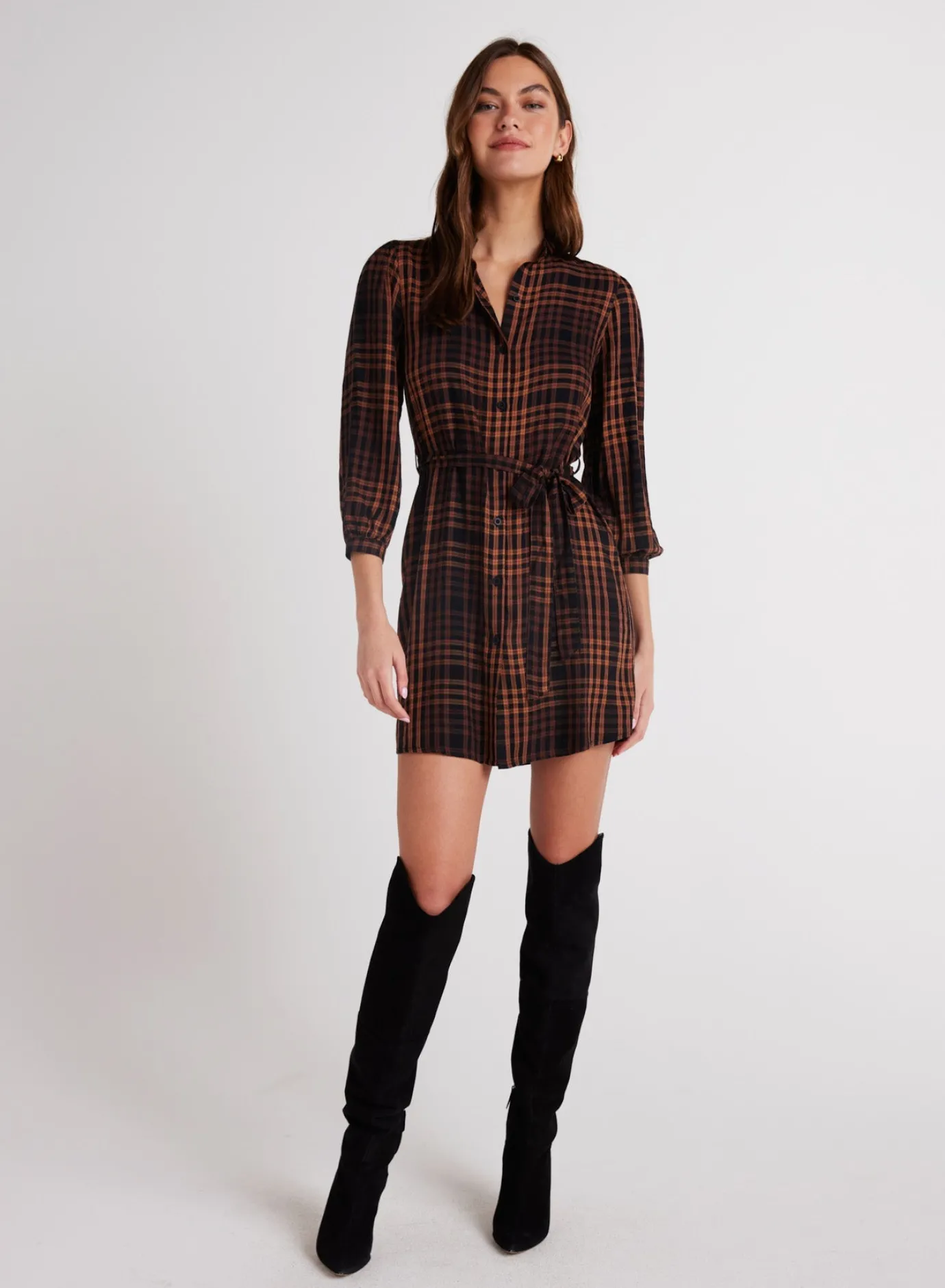 Bella Dahl Belted Shirt Dress - Autumn Ember Plaid- Short Dresses