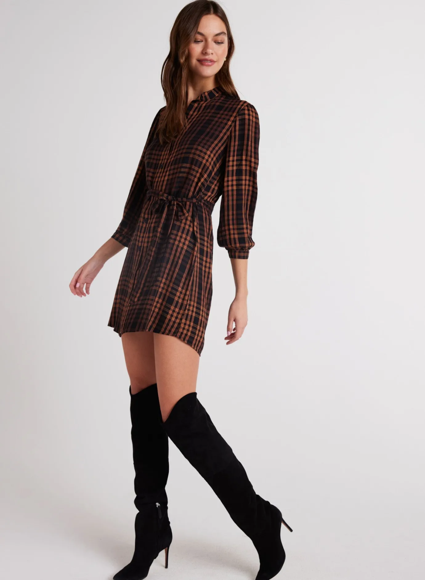 Bella Dahl Belted Shirt Dress - Autumn Ember Plaid- Short Dresses
