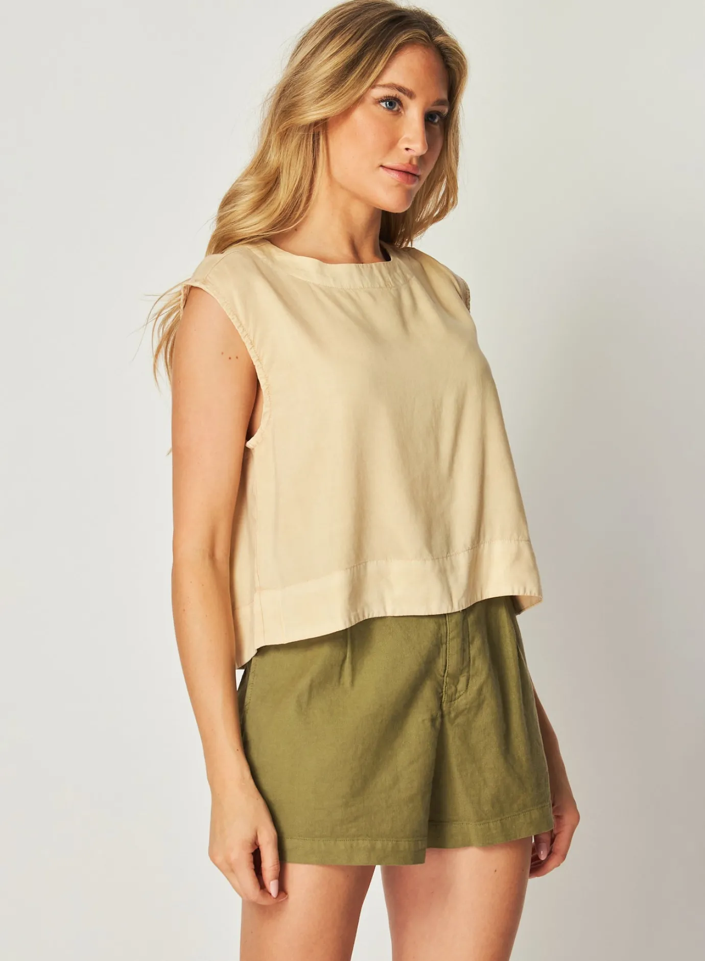 Bella Dahl Boxy Button Back Top - Summer Khaki- Sleeveless