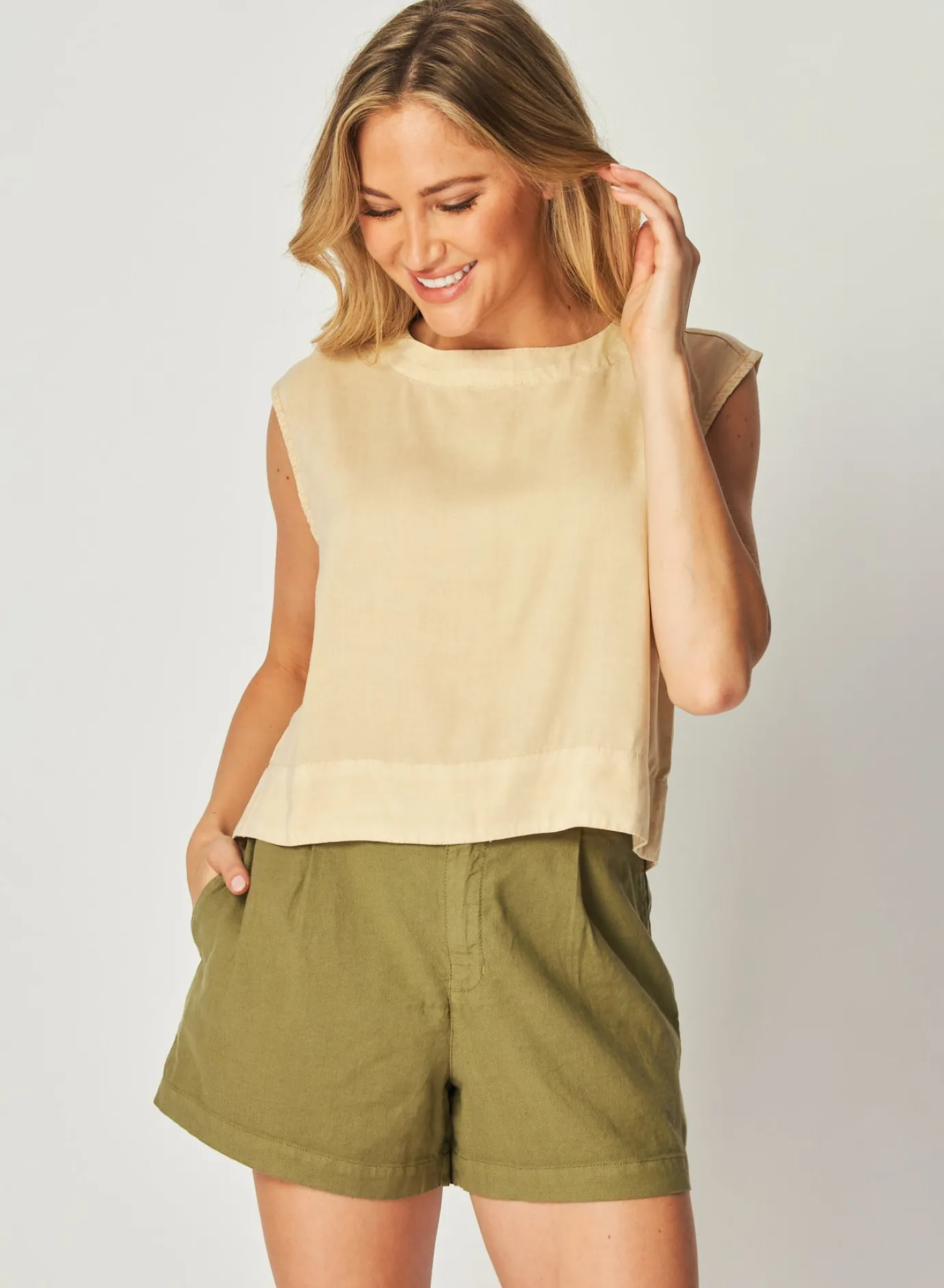 Bella Dahl Boxy Button Back Top - Summer Khaki- Sleeveless