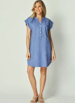 Bella Dahl Cap Sleeve Henley Dress -  Bahia Blue- Short Dresses