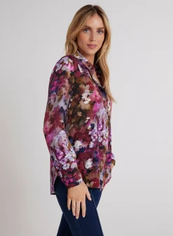 Bella Dahl Clean Front Hipster Shirt - Twilight Fleur Print- Long Sleeve