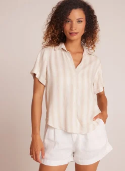 Bella Dahl Cuffed Short Sleeve Shirt - Playa Sand Stripe- Button Down