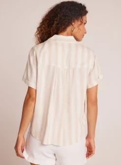 Bella Dahl Cuffed Short Sleeve Shirt - Playa Sand Stripe- Button Down
