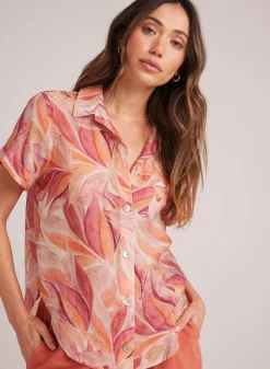 Bella Dahl Cuffed Short Sleeve Shirt - Painted Leaves Print- Short Sleeve