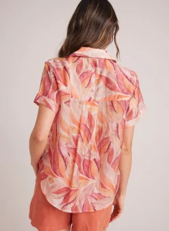 Bella Dahl Cuffed Short Sleeve Shirt - Painted Leaves Print- Short Sleeve