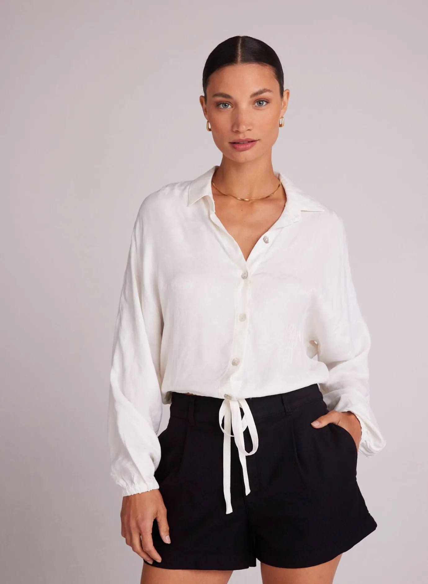 Bella Dahl Drawcord Waist Shirt - Off White- Long Sleeve