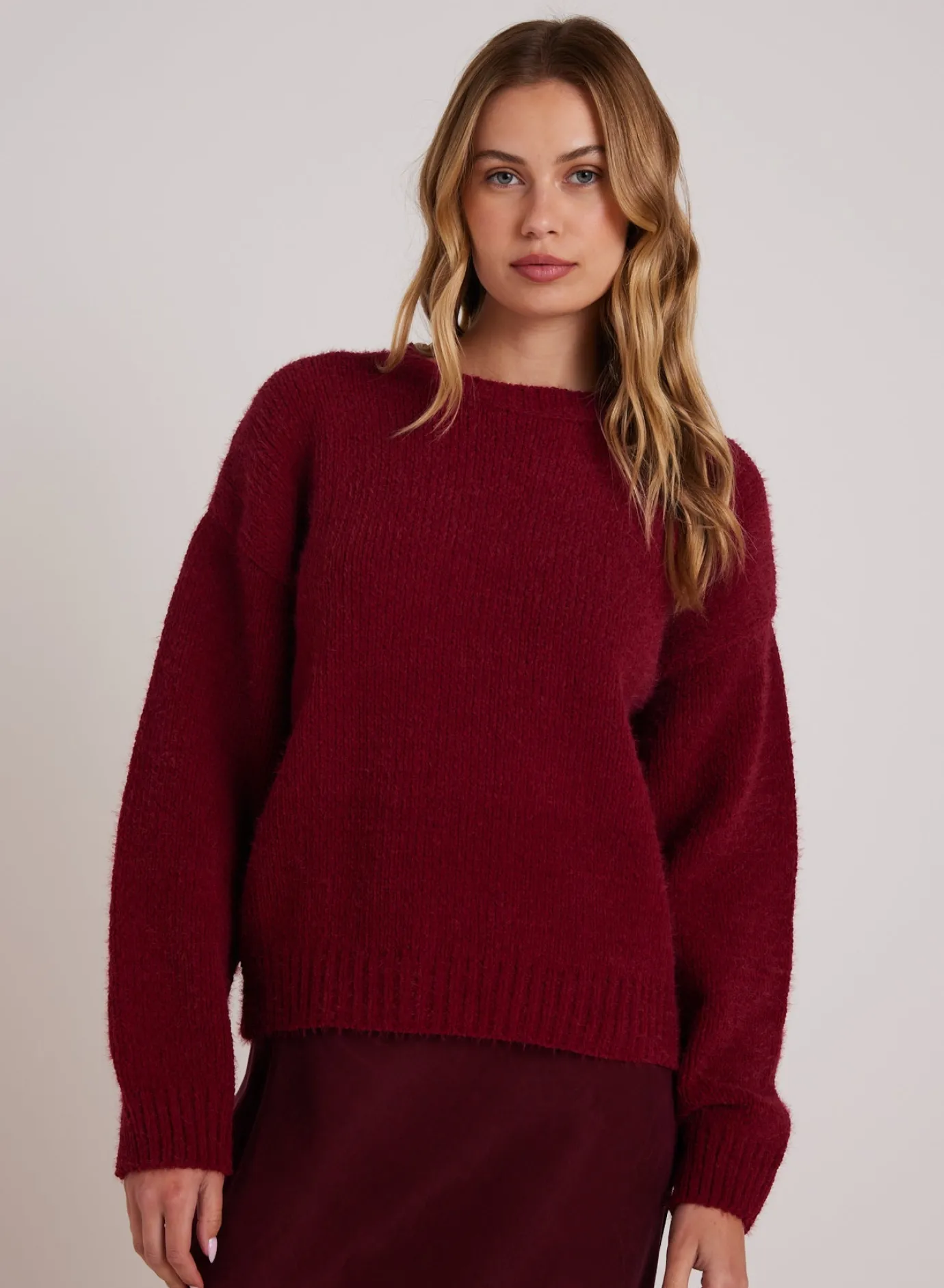 Bella Dahl Drop Shoulder Fuzzy Chenille Sweater - Deep Plum- Sweaters
