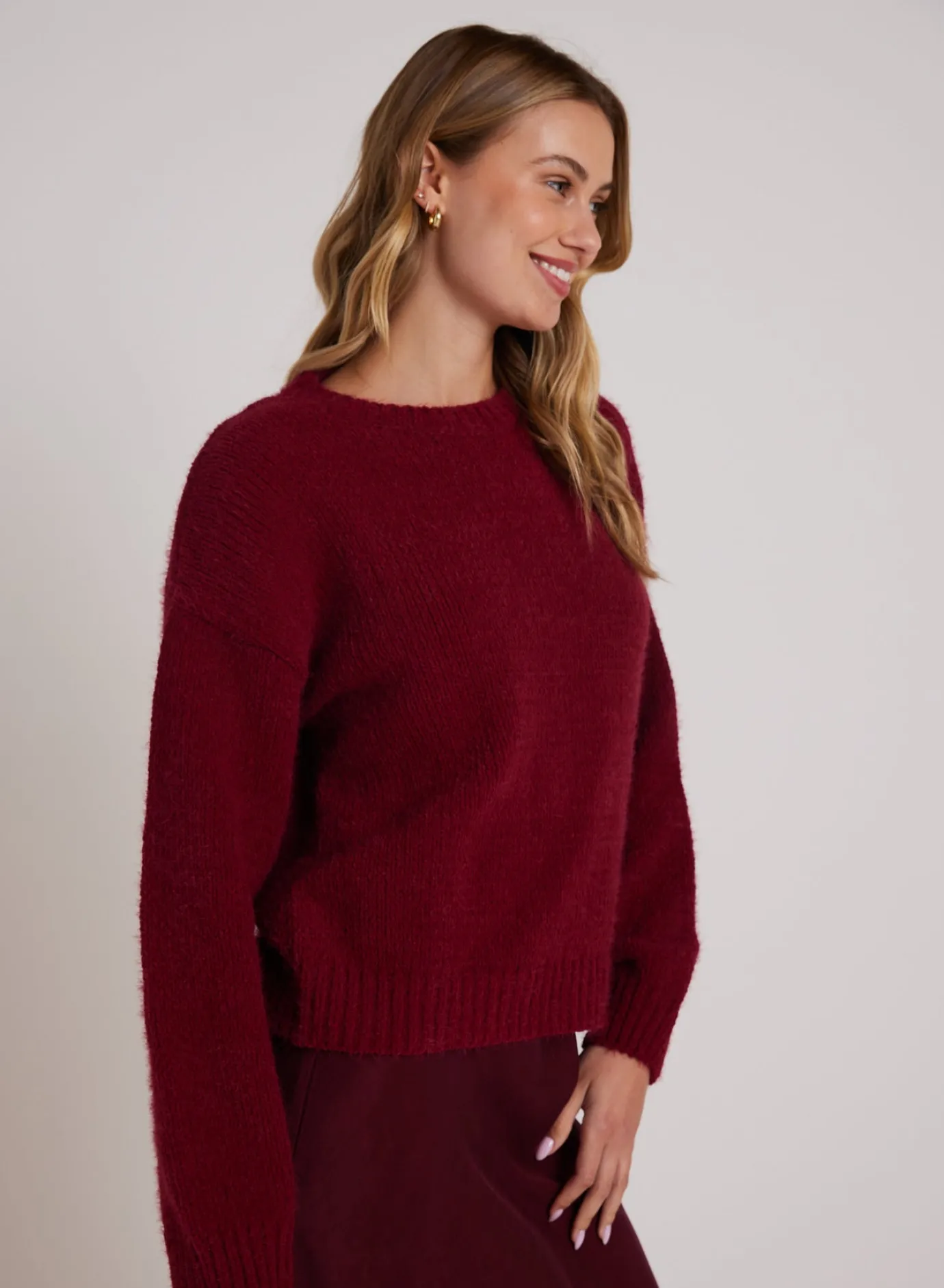 Bella Dahl Drop Shoulder Fuzzy Chenille Sweater - Deep Plum- Sweaters