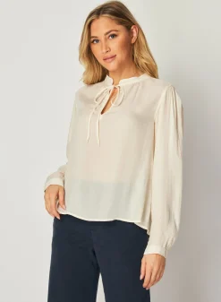 Bella Dahl Flowy Tie Neck Pullover - Ivory Pearl- Long Sleeve
