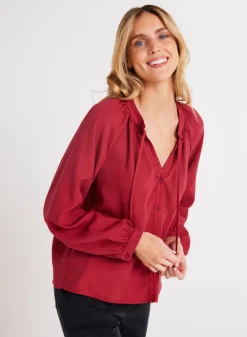 Bella Dahl Full Sleeve Raglan Button Down - Ruby Red- Essentials Tops