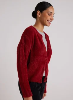 Bella Dahl Fuzzy Crew Neck Cardigan - Ruby Red- Sweaters