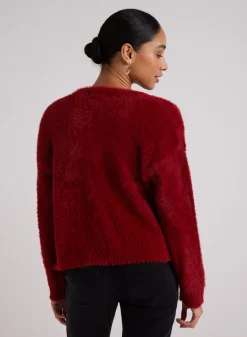 Bella Dahl Fuzzy Crew Neck Cardigan - Ruby Red- Sweaters