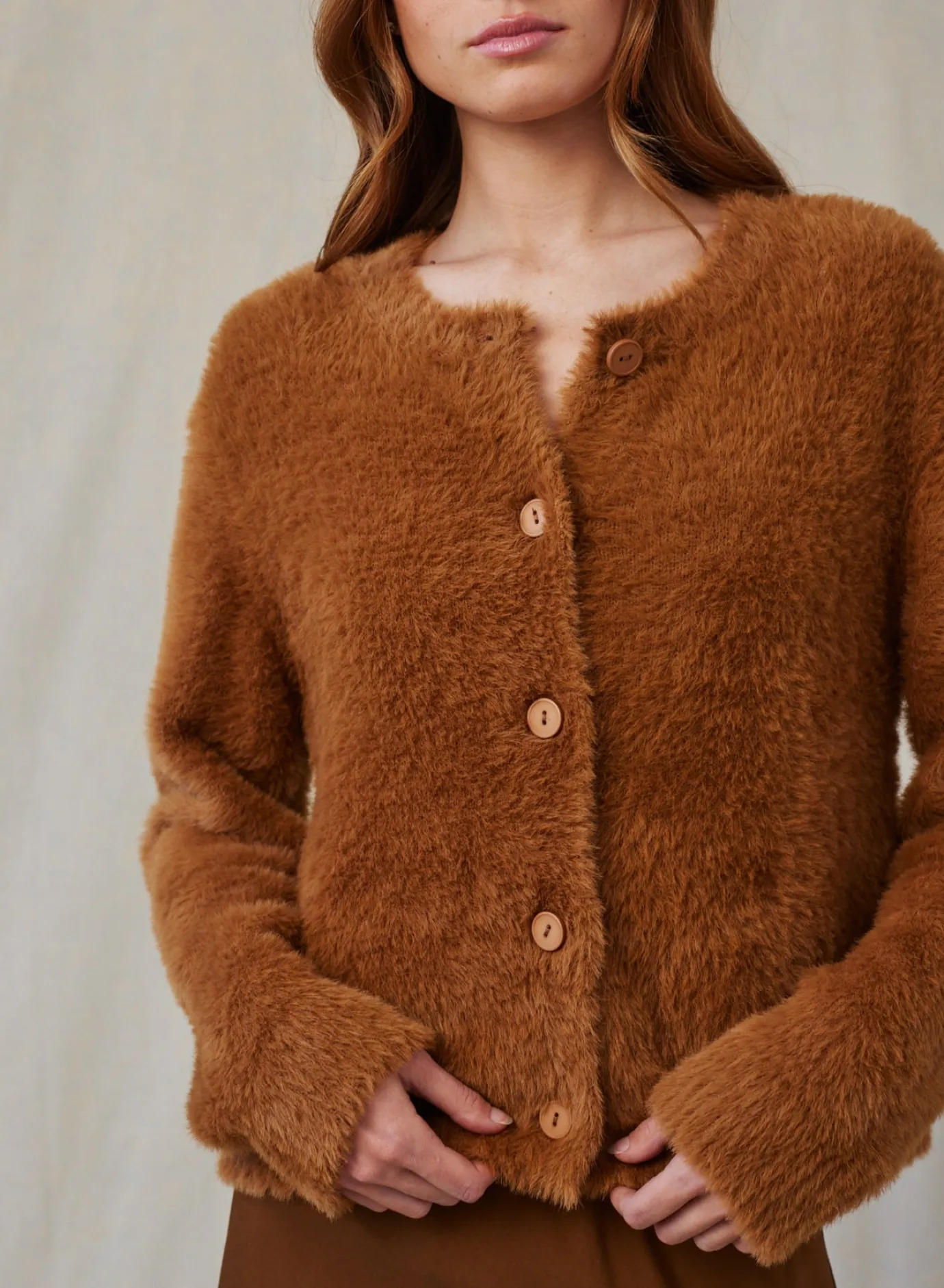 Bella Dahl Fuzzy Crew Neck Cardigan- Twilight Gold- Seasonal Essentials