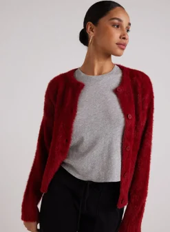 Bella Dahl Fuzzy Crew Neck Cardigan - Ruby Red- Seasonal Essentials
