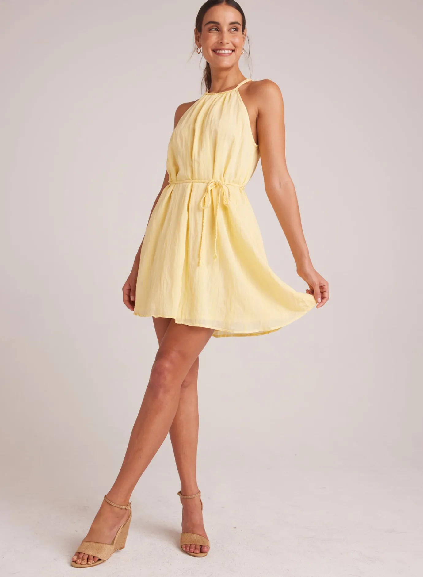 Bella Dahl Gathered Halter Dress with Braided Belt - Citron Yellow- Short Dresses