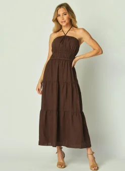 Bella Dahl Gathered Halter Midi Dress - Cocoa Cabana- Long Dresses