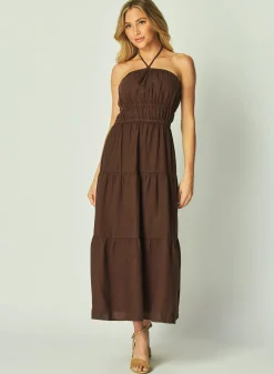 Bella Dahl Gathered Halter Midi Dress - Cocoa Cabana- Long Dresses