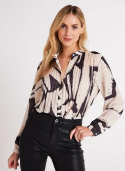 Bella Dahl Knife Pleat Button Down - Ivory Mosaic Print- Long Sleeve