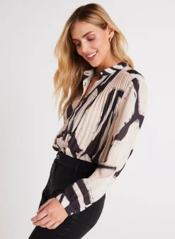 Bella Dahl Knife Pleat Button Down - Ivory Mosaic Print- Long Sleeve