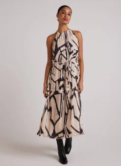 Bella Dahl Knife Pleat Halter Maxi Dress - Ivory Mosaic Print- Long Dresses