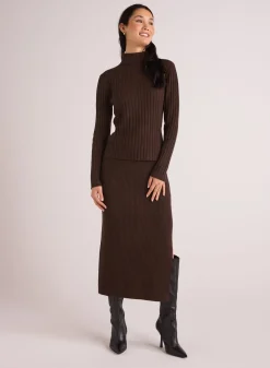 Bella Dahl Knit Skirt with Side Slit - Heather Brown- Skirts
