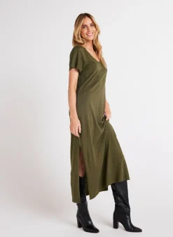 Bella Dahl Knit V-Neck Maxi Dress - Italian Herb- Long Dresses