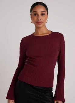 Bella Dahl Long Bell Sleeve Rib Crew Tee - Sweet Merlot- T-Shirts