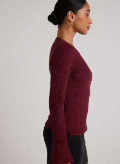 Bella Dahl Long Bell Sleeve Rib Crew Tee - Sweet Merlot- T-Shirts