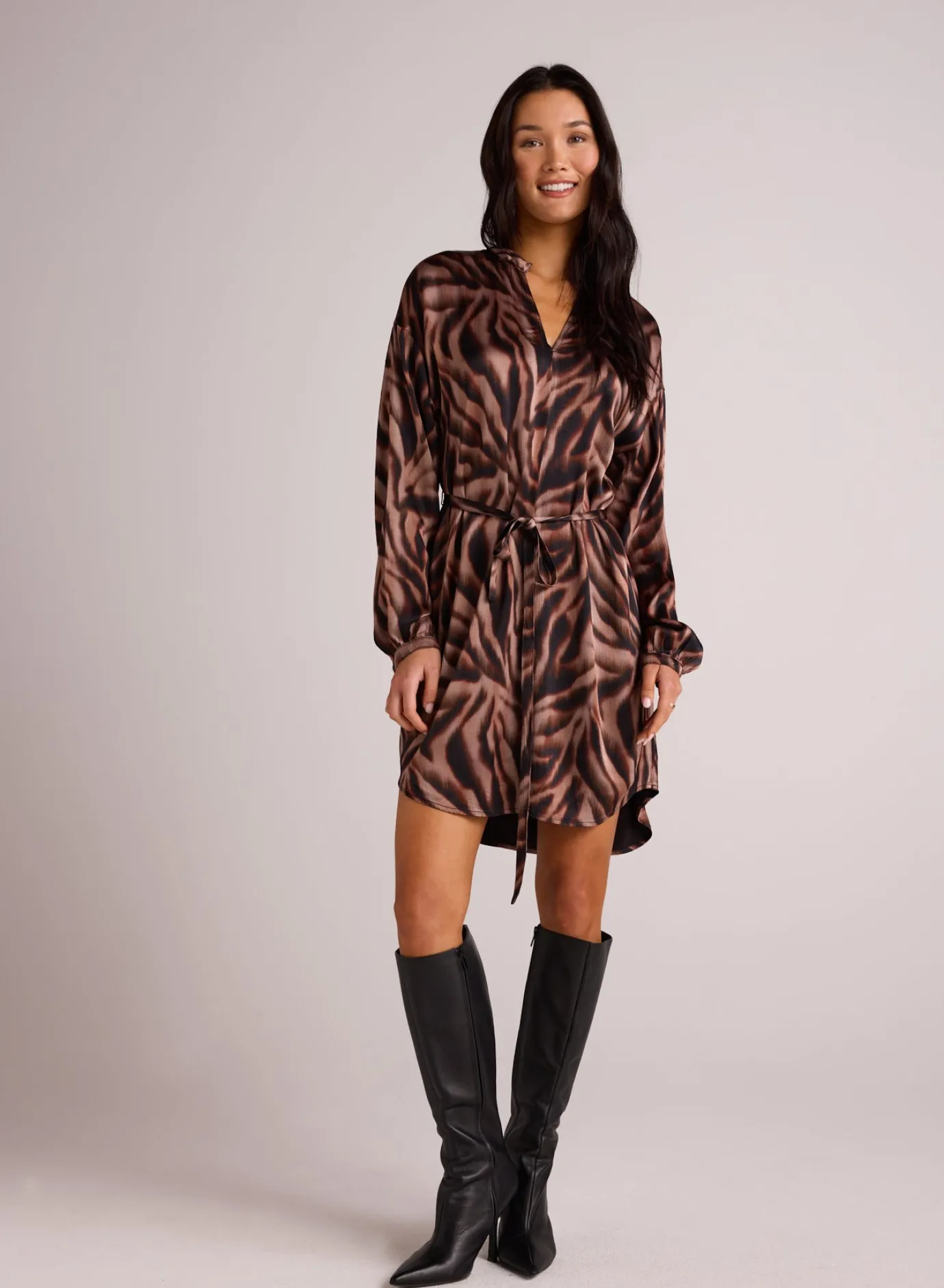 Bella Dahl Long Sleeve Belted Mini Dress - Hazy Woodland Print- Short Dresses