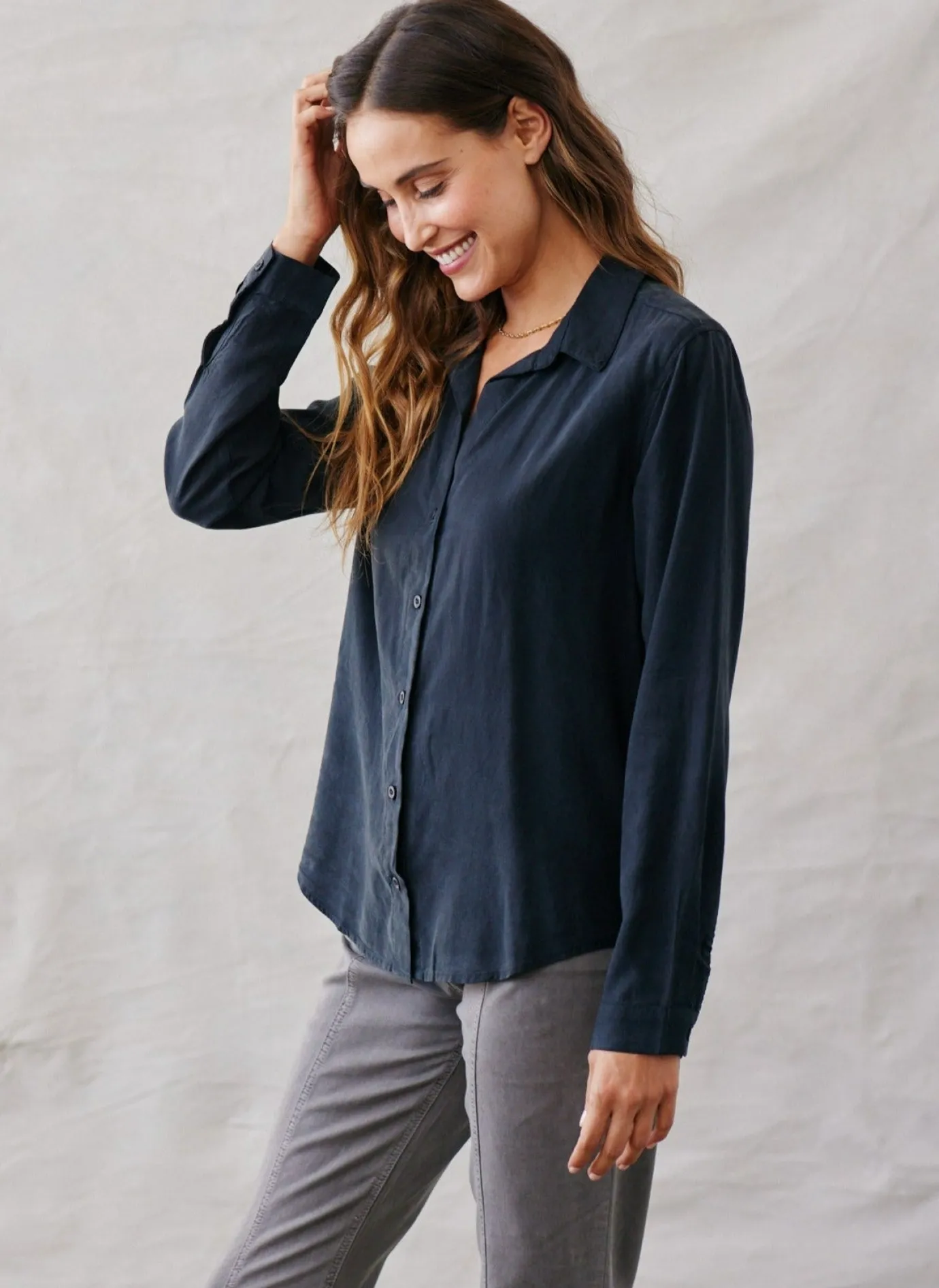 Bella Dahl Long Sleeve Classic Button Down - Vintage Black- Essentials Tops