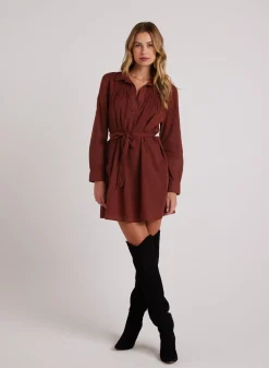 Bella Dahl Long Sleeve Pintuck Dress - Cherry Mahogany- Short Dresses