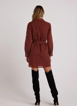 Bella Dahl Long Sleeve Pintuck Dress - Cherry Mahogany- Short Dresses