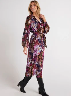 Bella Dahl Long Sleeve Raglan Midi Dress - Twilight Fleur Print- Long Dresses