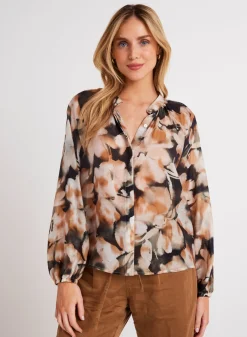 Bella Dahl Long Sleeve Shirred Raglan Shirt - Harvest Floral Print- Button Down