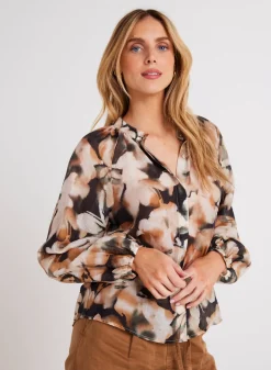 Bella Dahl Long Sleeve Shirred Raglan Shirt - Harvest Floral Print- Button Down