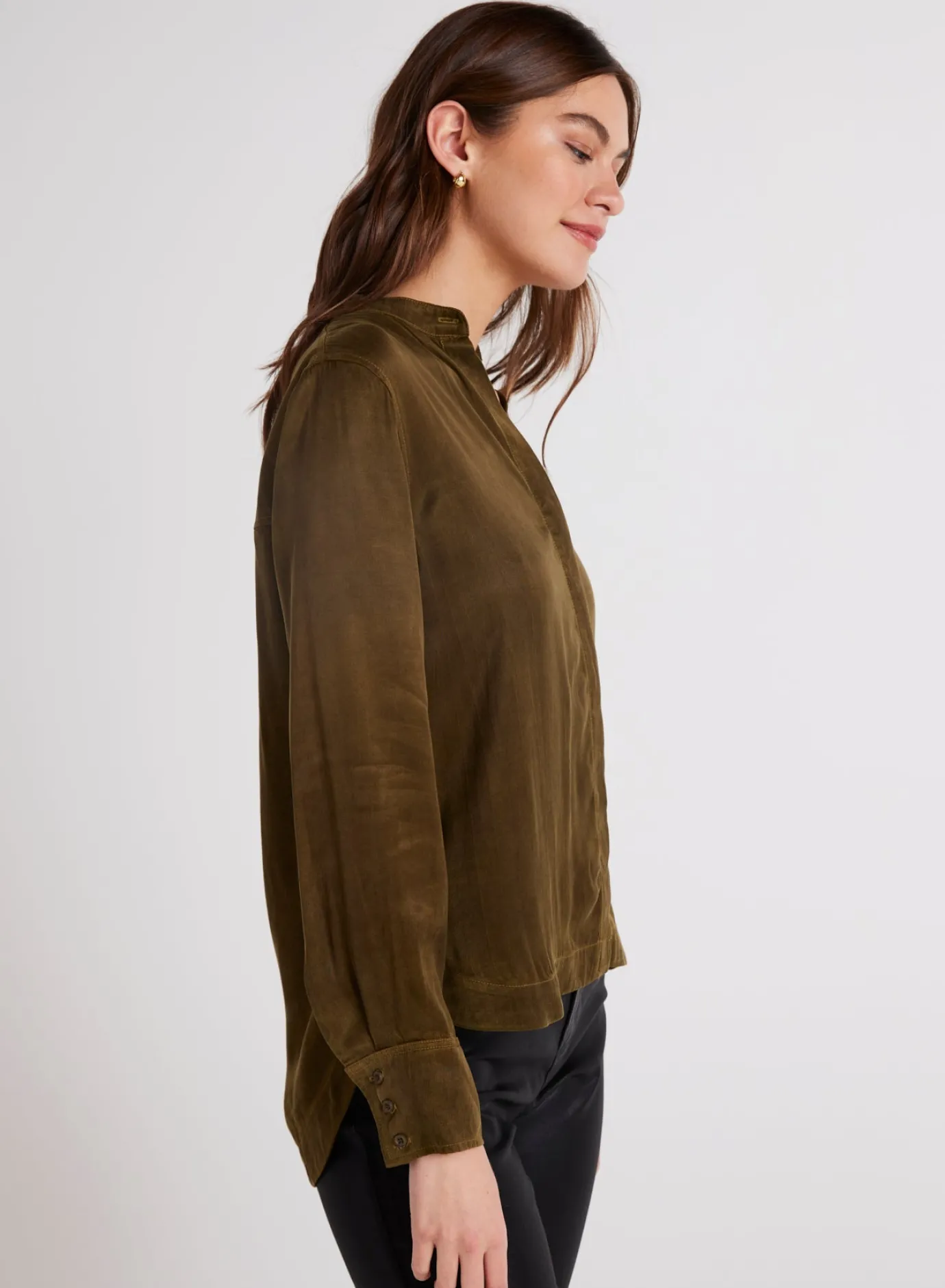 Bella Dahl Mandarin Collar Button Down - Autumn Olive- Long Sleeve