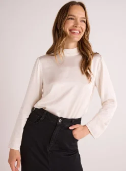 Bella Dahl Mock Neck Button Back Top - Winter White- Long Sleeve
